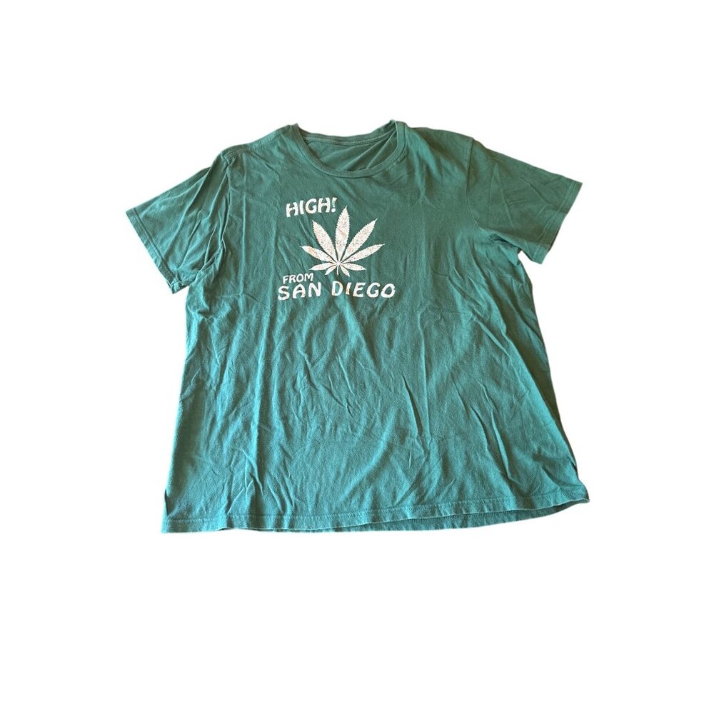 Green Cotton "High! From San Diego" Graphic T-Shirt Novelt Cannibis